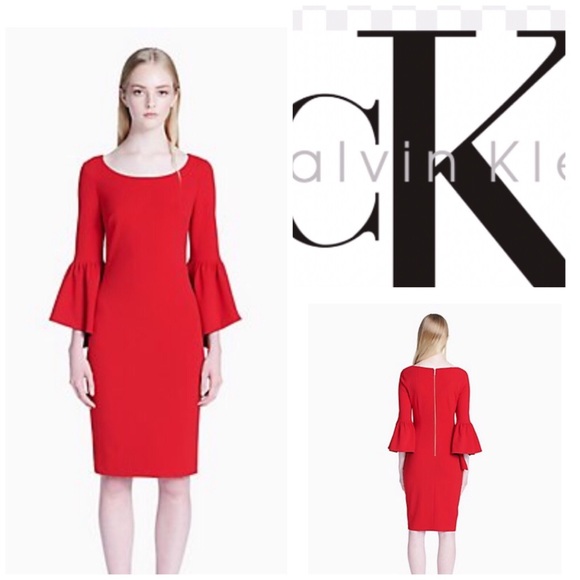 Calvin Klein Dresses & Skirts - 🌺Calvin Klein Red Sheath Dress & 3/4 bell sleeve.